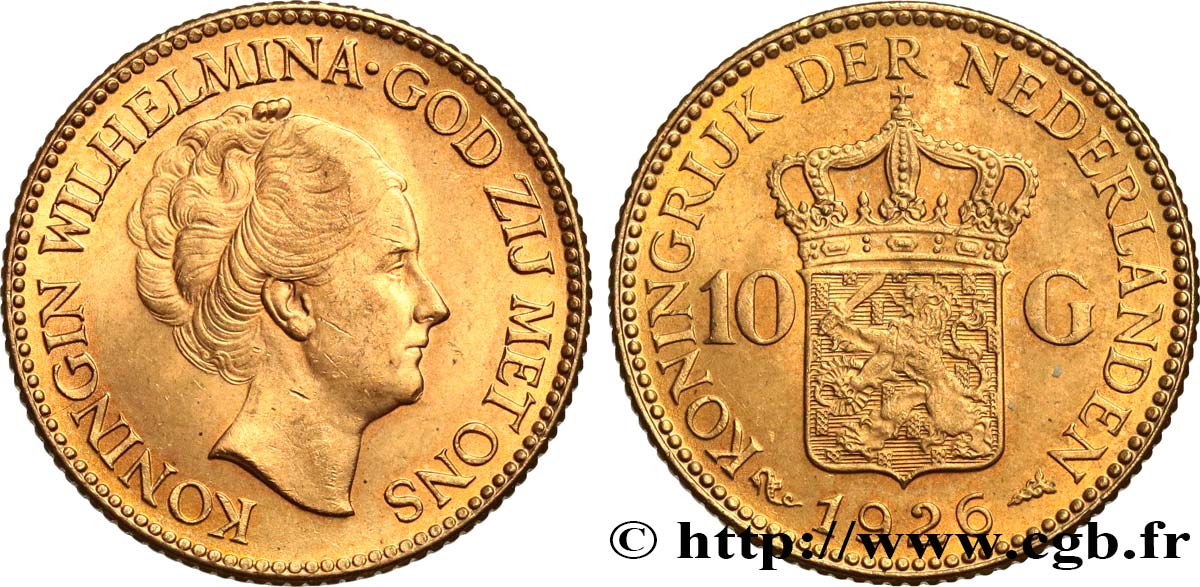 NETHERLANDS 10 Gulden or ou 10 Florins Wilhelmine 1926 Utrecht AU 