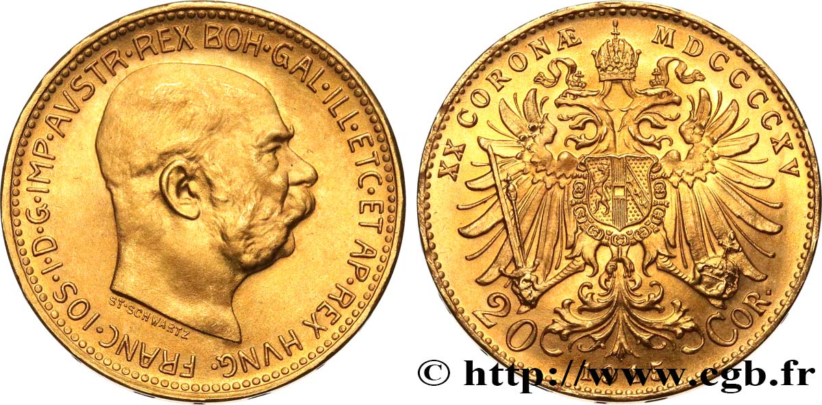 AUSTRIA 20 Corona Empereur François-Joseph 1915 Vienne MS 