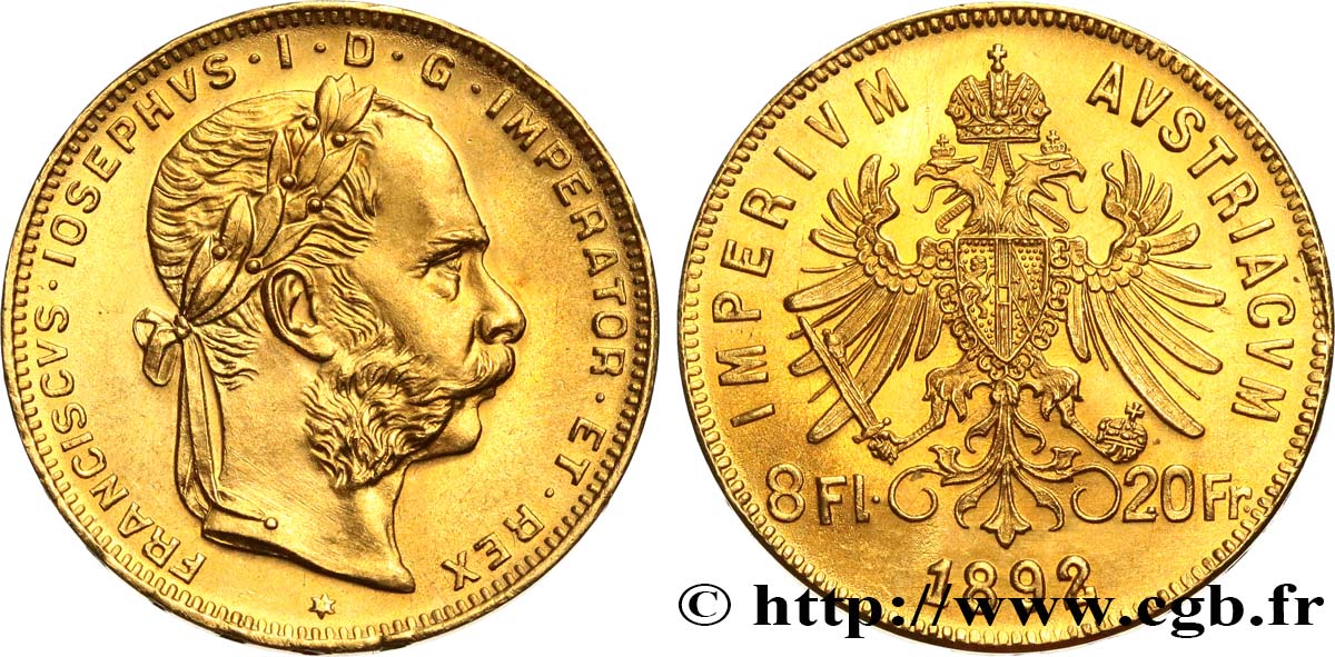 AUSTRIA 8 Florins ou 20 Francs or François-Joseph Ier 1892 Vienne MS 