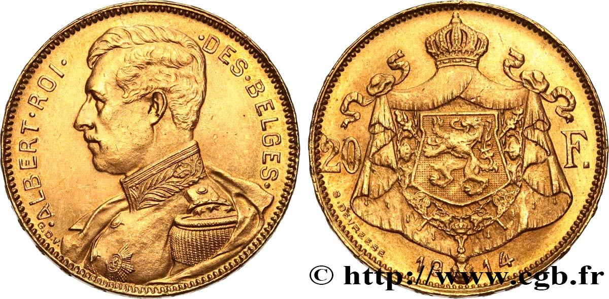 BELGIUM 20 Francs or Albert Ier légende française 1914  AU 