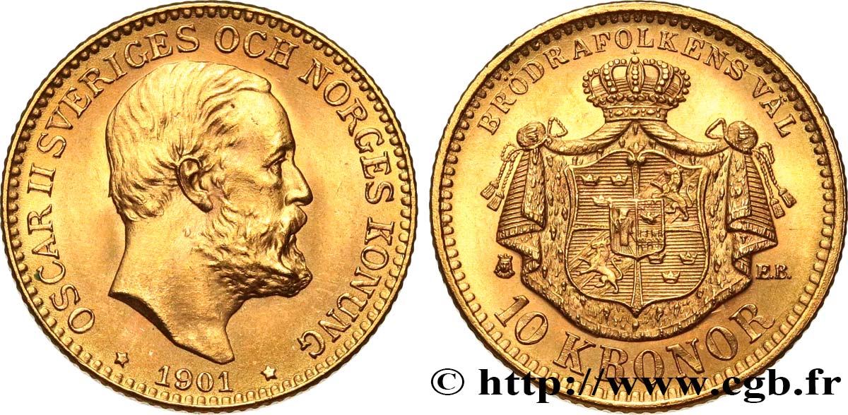 SWEDEN 10 Kronor Oscar II 1901 Stockholm MS 