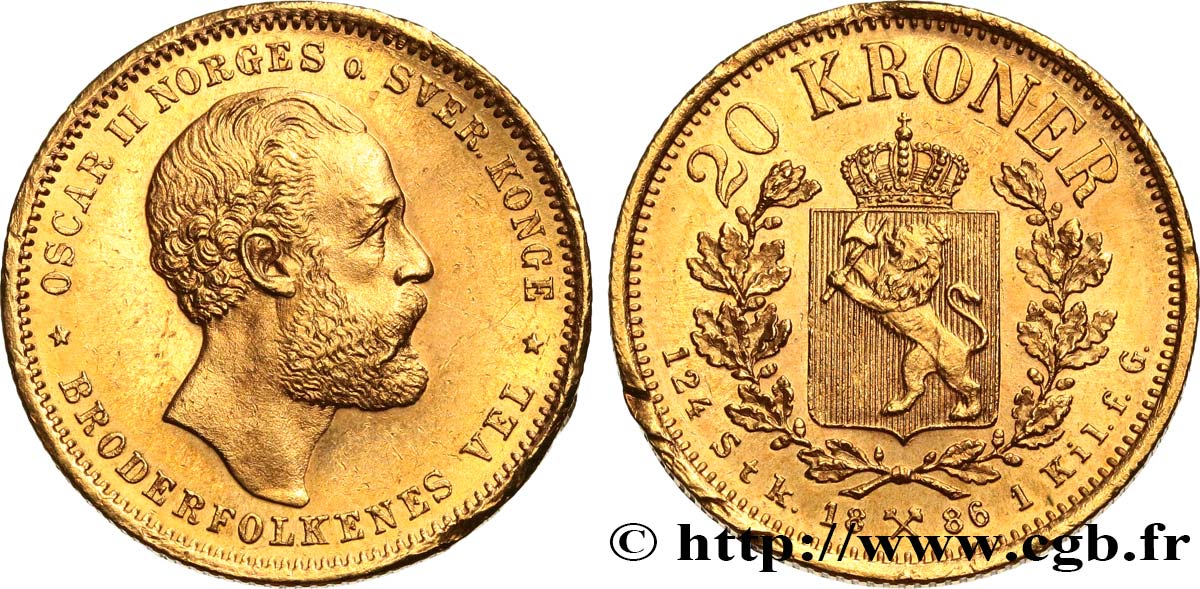 NORWAY 20 Kroner or, Oscar II 2e type 1886  MS 