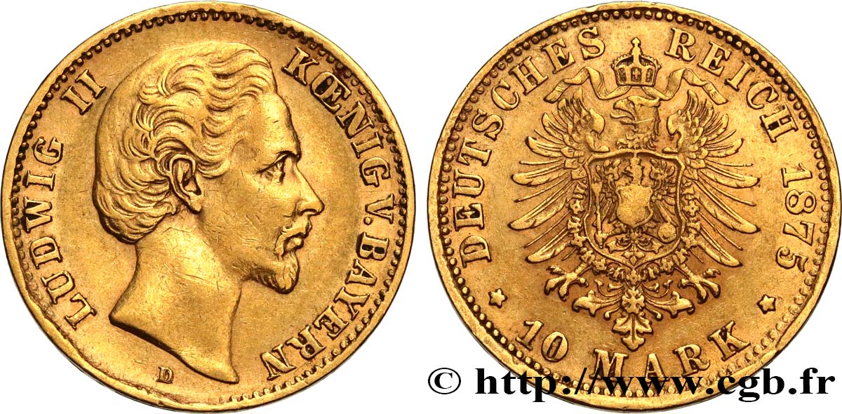 GERMANY - BAVARIA 10 Mark Louis II 1875 Münich XF 