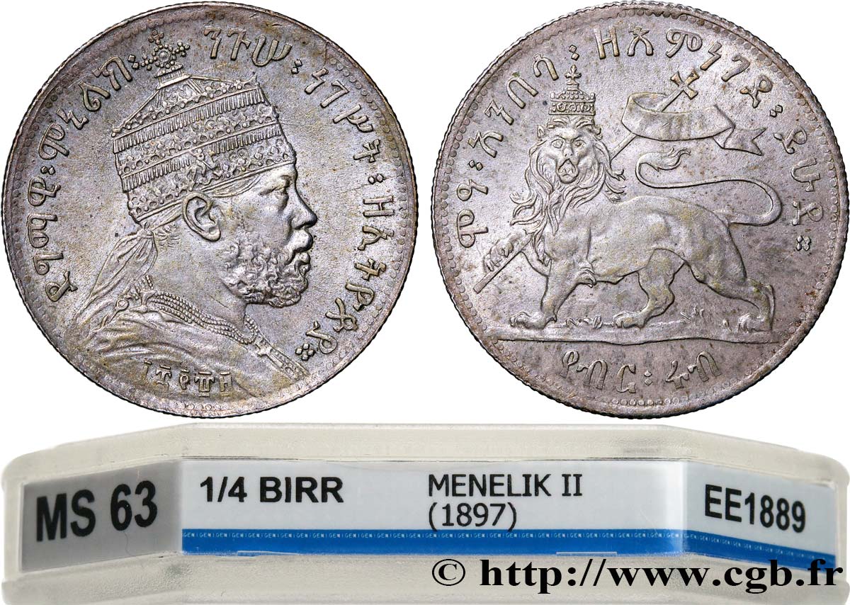 ETHIOPIA - ABYSSINIA - MENELIK II 1/4 Birr EE1889 (1897) Paris MS63 GENI