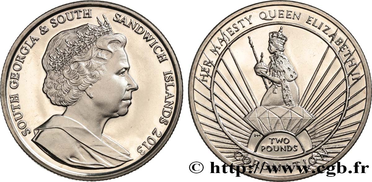 SOUTH GEORGIA AND THE SOUTH SANDWICH ISLANDS 2 Pounds (2 Livres) Proof Jubilé de diamant de la reine Élisabeth II 2013 Pobjoy Mint MS 