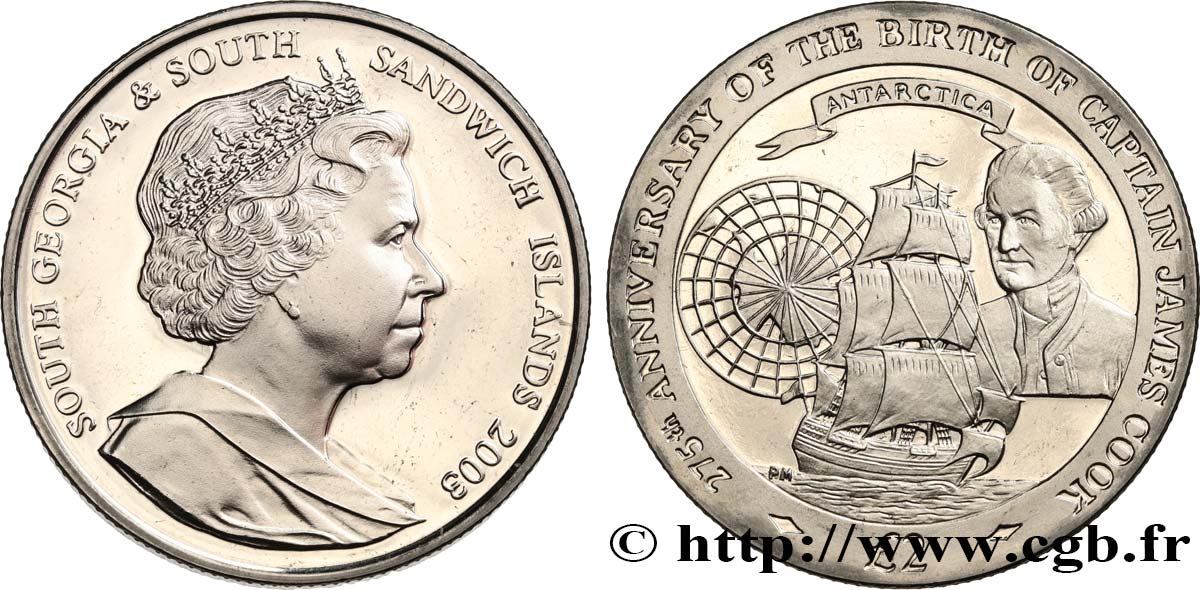 SOUTH GEORGIA AND SOUTH SANDWICH ISLANDS 2 Pounds (2 Livres) Proof Capitaine Cook 2003 Pobjoy Mint MS 