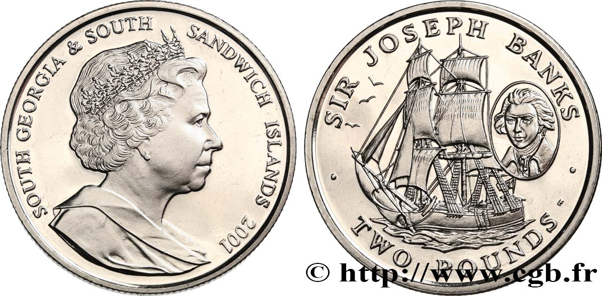 SOUTH GEORGIA AND THE SOUTH SANDWICH ISLANDS 2 Pounds (2 Livres) Proof Sir Joseph Banks 2001 Pobjoy Mint MS 