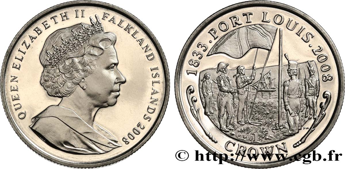 ISLAS MALVINAS 1 Crown Proof Prise de possession de Port Louis en 1833 2008 Pobjoy Mint FDC 