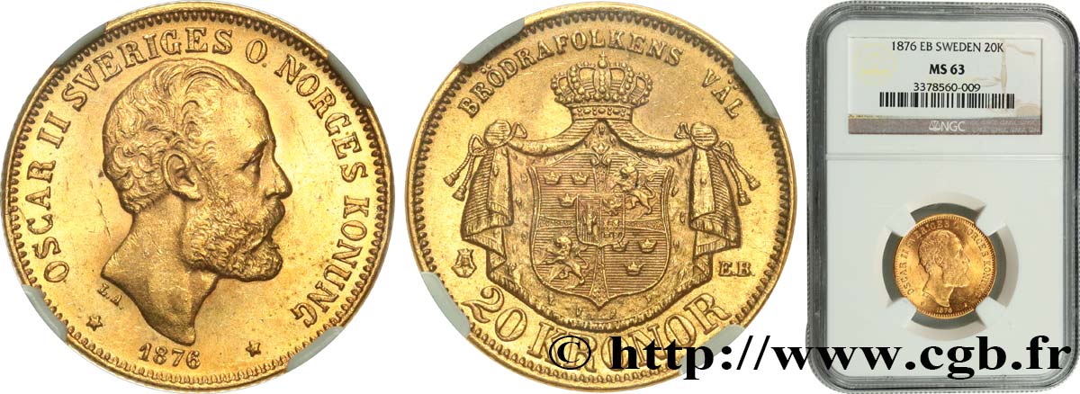 SWEDEN 20 Kronor Oscar II 1876  MS63 NGC