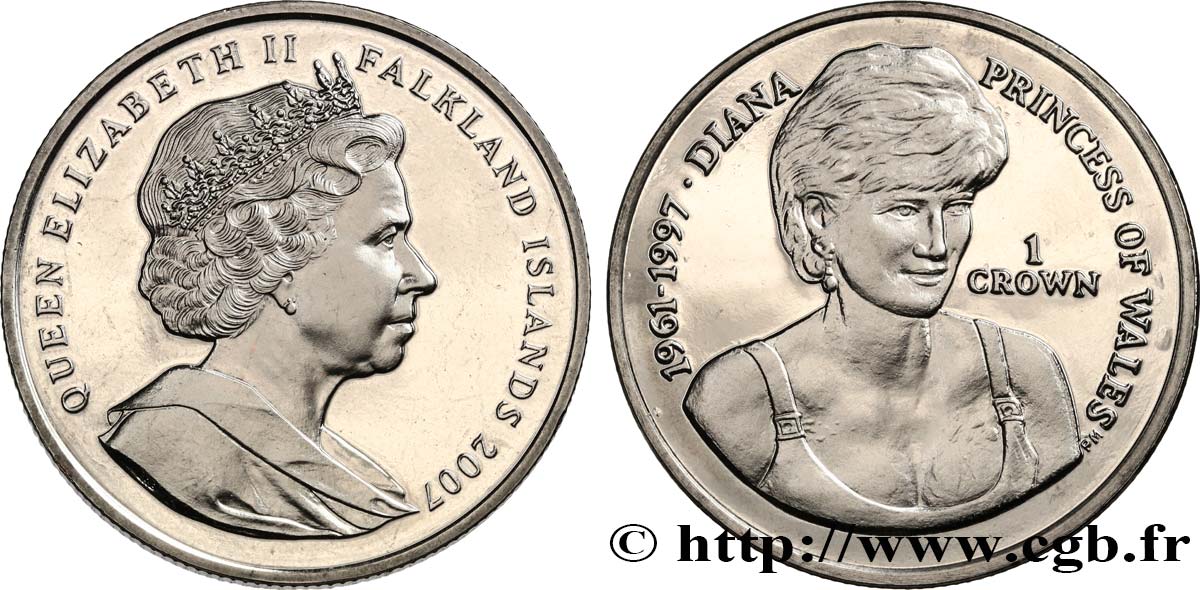 ISLAS MALVINAS 1 Crown Proof 20e anniversaire de la mort de la princesse Diana 2007 Pobjoy Mint SC 