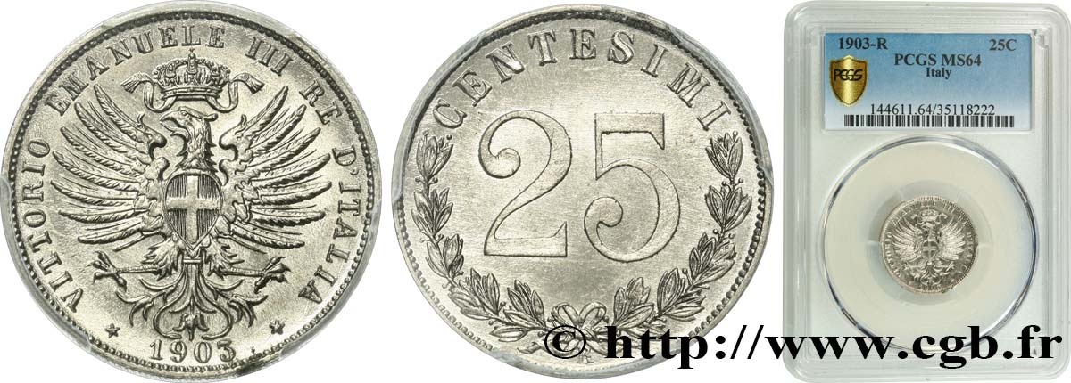 ITALIA 25 Centesimi 1903 Rome MS64 PCGS
