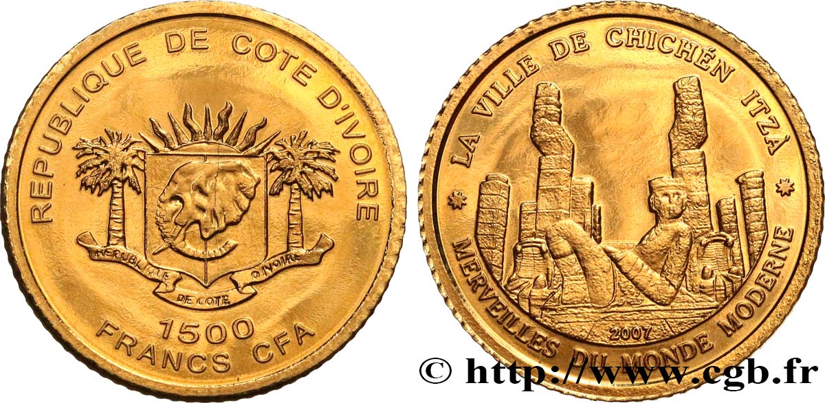 IVORY COAST 1500 Francs CFA Proof Chichén Itzá 2007  MS 