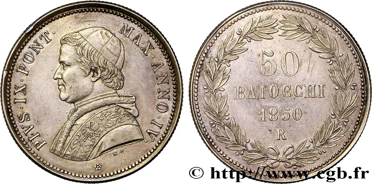 ITALY - PAPAL STATES - PIUS IX (Giovanni Maria Mastai Ferretti) 50 Baiocchi an IV 1850 Rome AU 