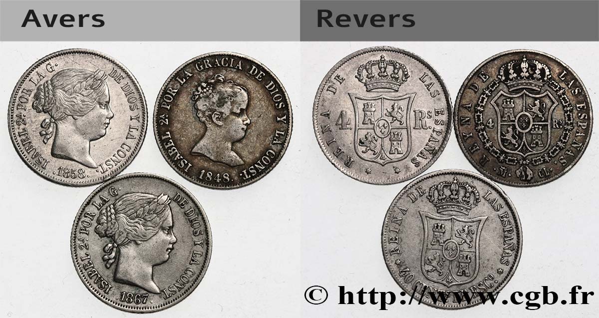 ESPAGNE - ROYAUME D ESPAGNE - ISABELLE II Lot de trois monnaies 1848-1867 Madrid SS 
