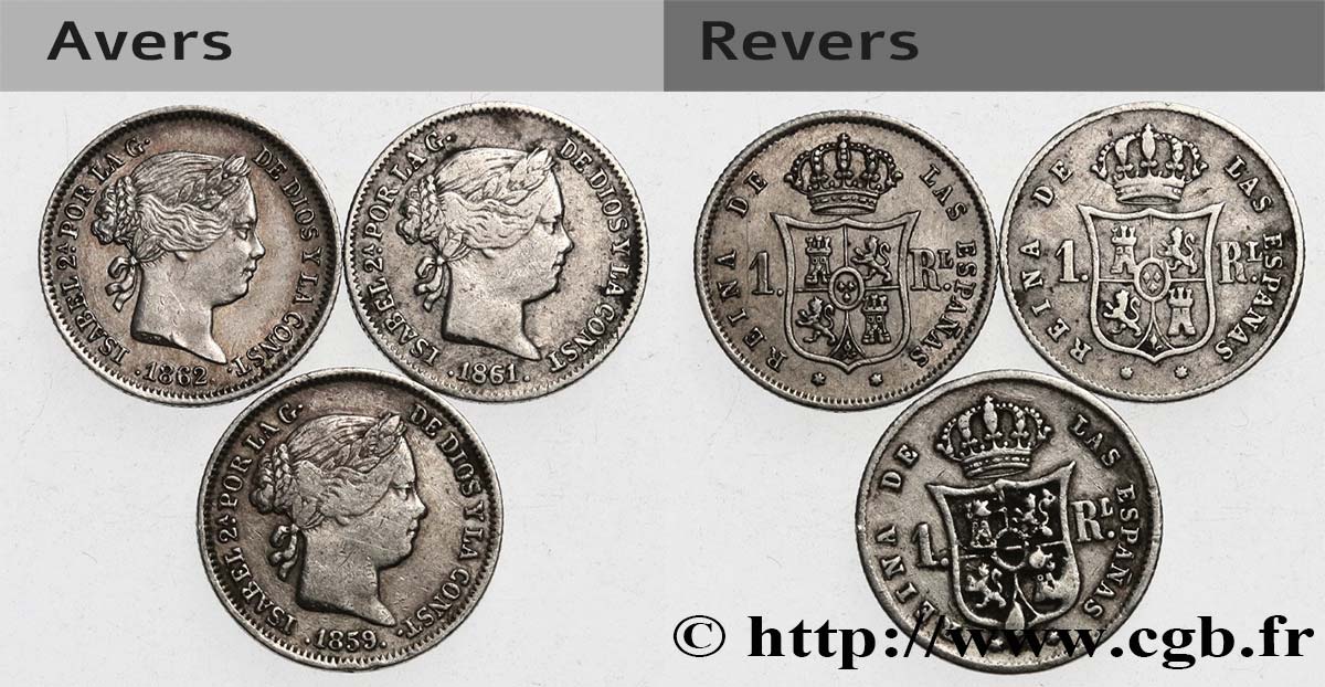 SPAIN - KINGDOM OF SPAIN - ISABELLA II Lot de trois monnaies de 1 Real  1859-1862 Madrid XF 