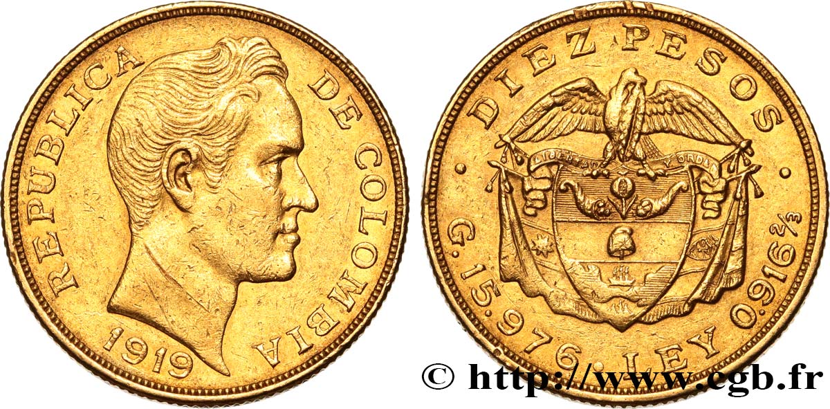 COLOMBIA 10 Pesos Simon Bolivar 1919 Bogota AU 