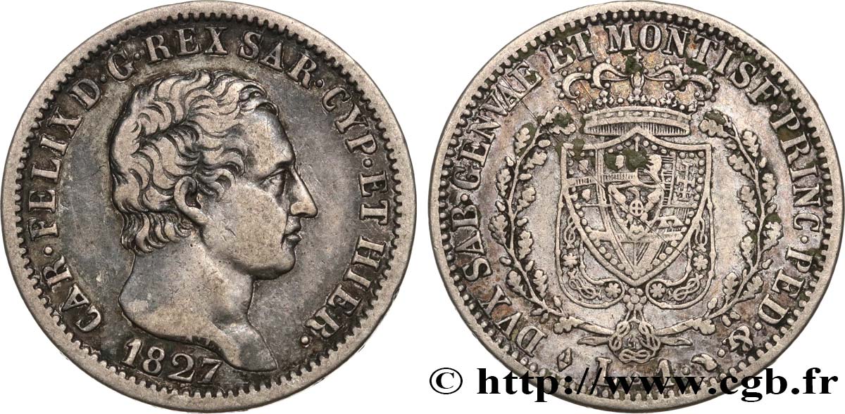 ITALY - KINGDOM OF SARDINIA 1 Lire Charles-Félix 1827 Turin VF/XF 