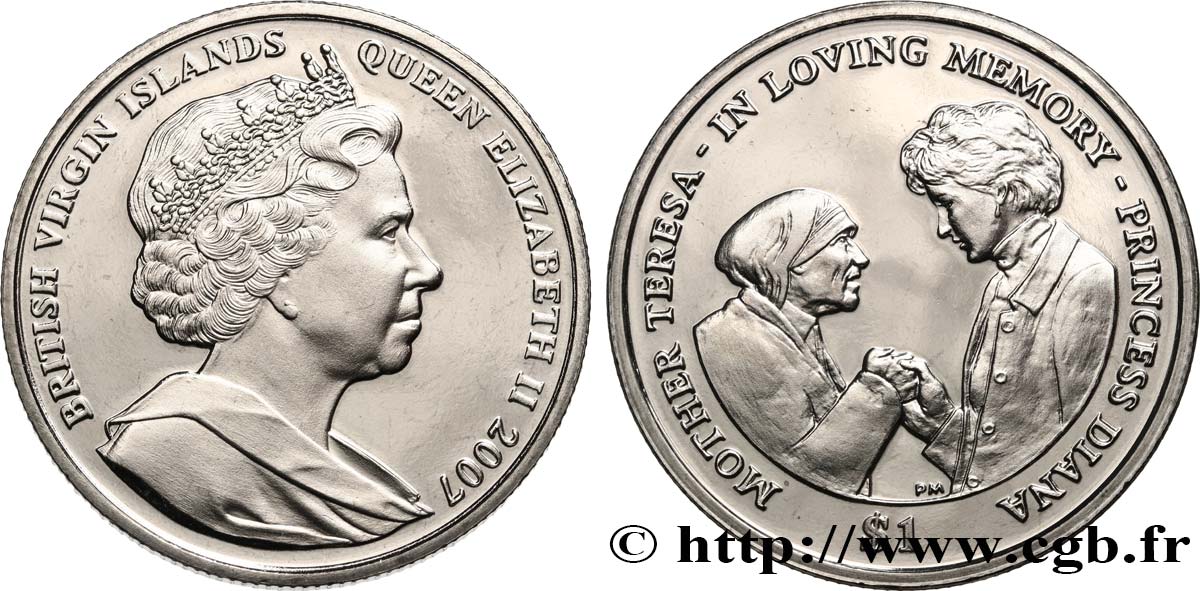 ISOLE VERGINI BRITANNICHE 1 Dollar proof Princesse Diana et Mère Teresa 2007 Pobjoy Mint MS 