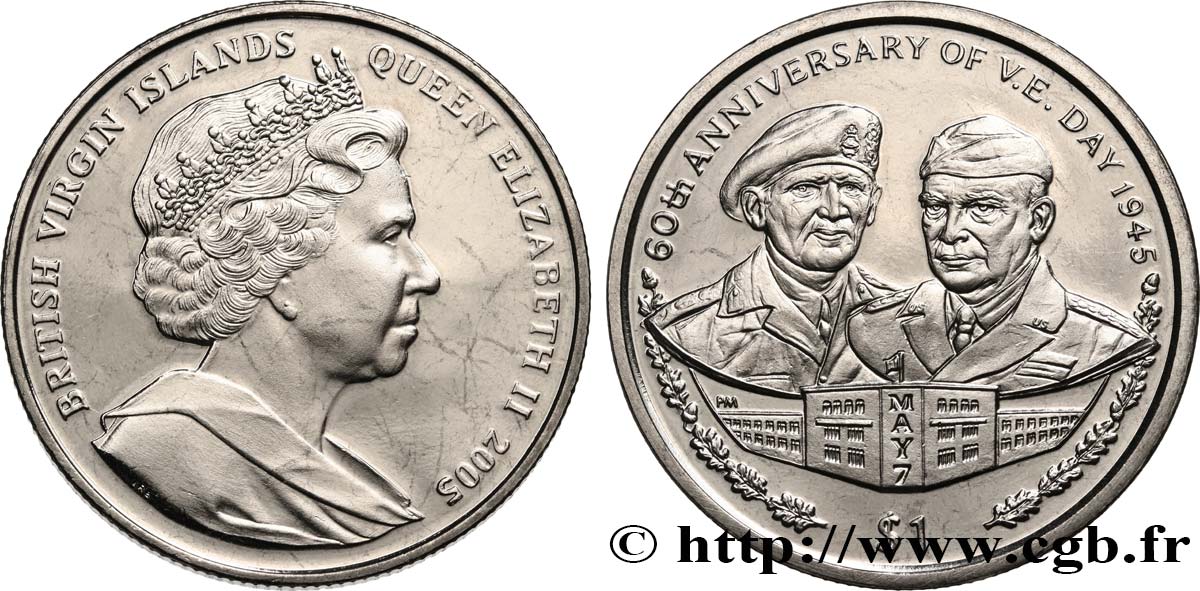 BRITISH VIRGIN ISLANDS 1 Dollar Proof 60e anniversaire du jour de la victoire en Europe 2005 Pobjoy Mint MS 