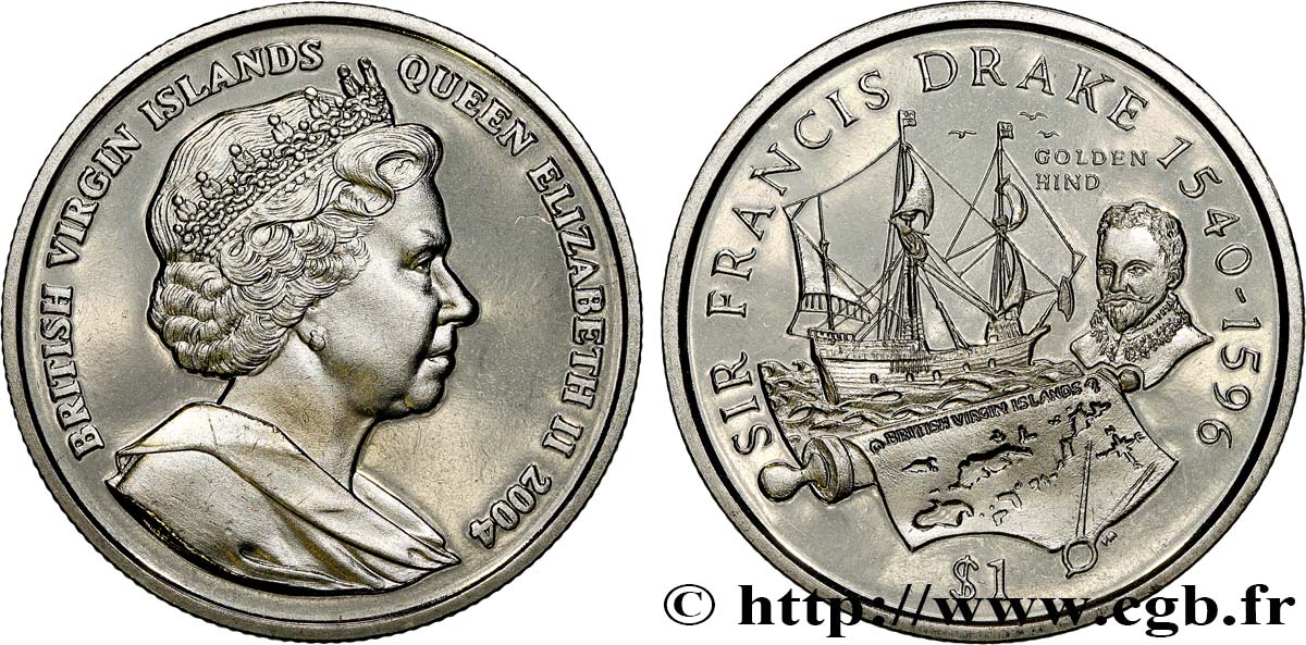 BRITISCHE JUNGFERNINSELN 1 Dollar Proof Sir Francis Drake 2004 Pobjoy Mint fST 