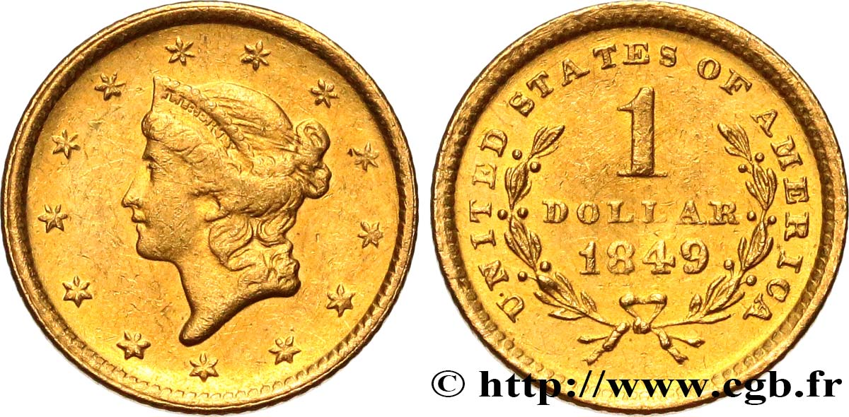 ESTADOS UNIDOS DE AMÉRICA 1 Dollar Or  Liberty head , 1er type 1849 Philadelphie MBC+ 