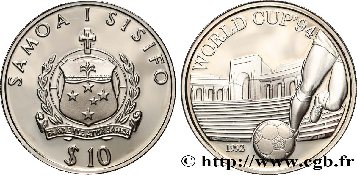 SAMOA 10 Dollars Proof FIFA World Cup 1994 1992  SPL 