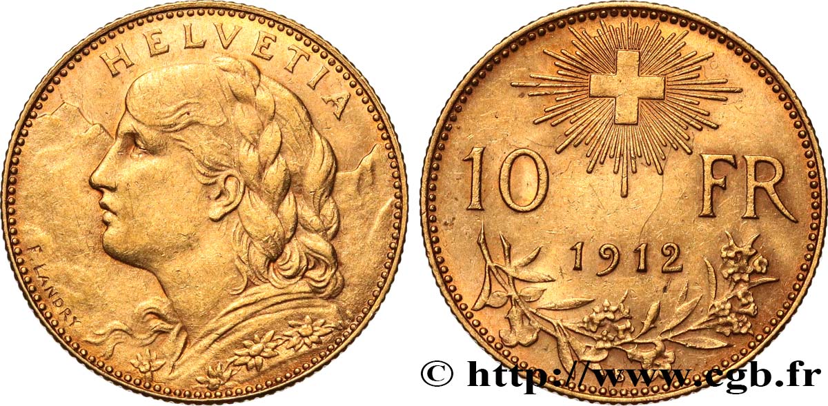 SWITZERLAND 10 Francs  Vreneli  1912 Berne AU 
