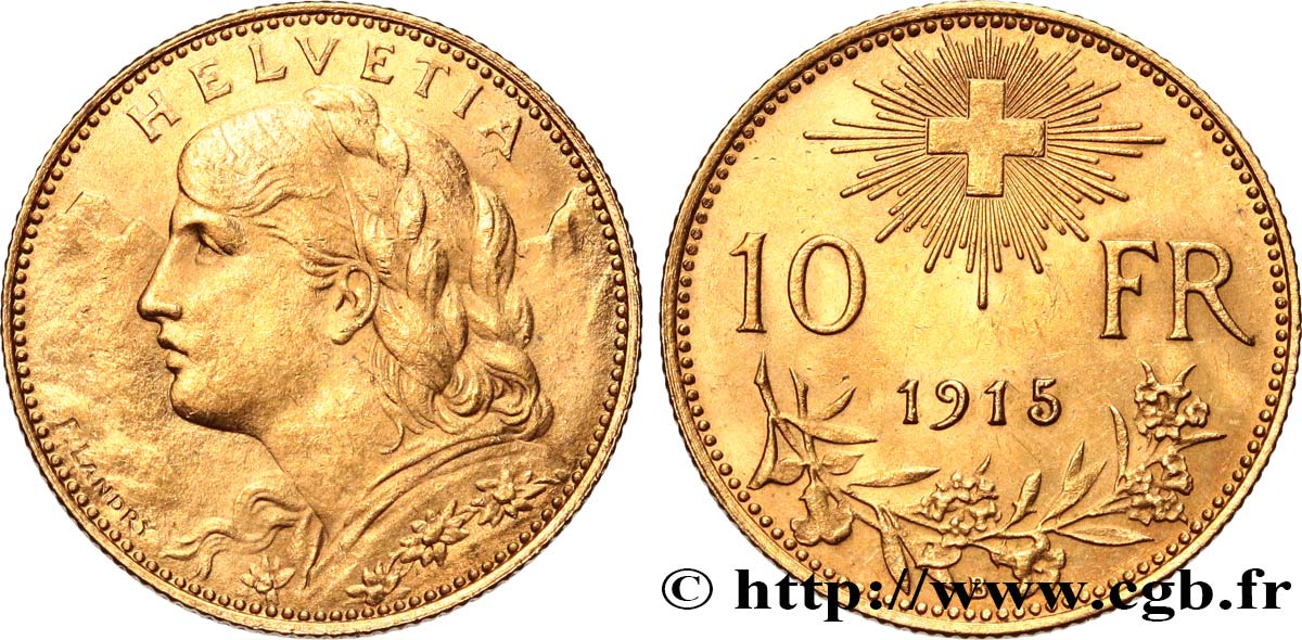 SWITZERLAND 10 Francs or  Vreneli  1913 Berne AU 