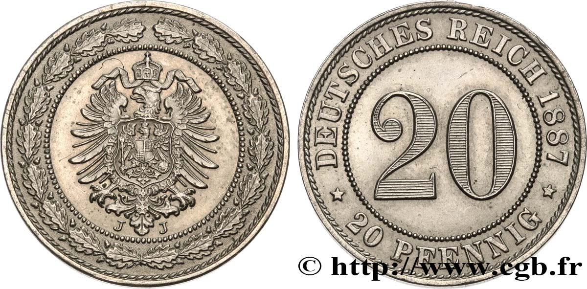 GERMANY 20 Pfennig Empire 1887 Stuttgart AU 