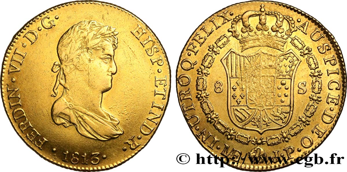 PERU - KINGDOM OF SPAIN AND INDIES - FERDINAND VII 8 Escudos 1813 Lima XF 