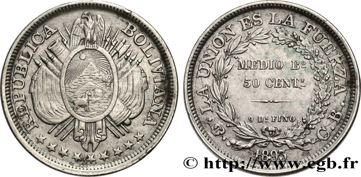 BOLIVIA 50 Centavos (1/2 Boliviano) 1893 Potosi AU 