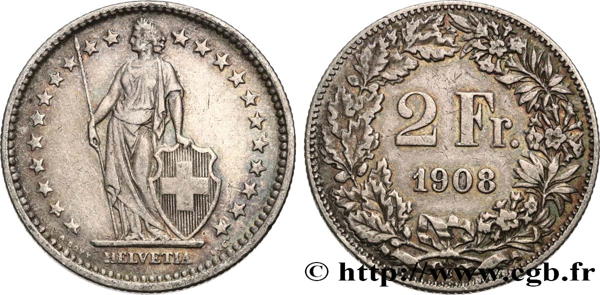 SWITZERLAND 2 Francs Helvetia 1908 Berne XF 