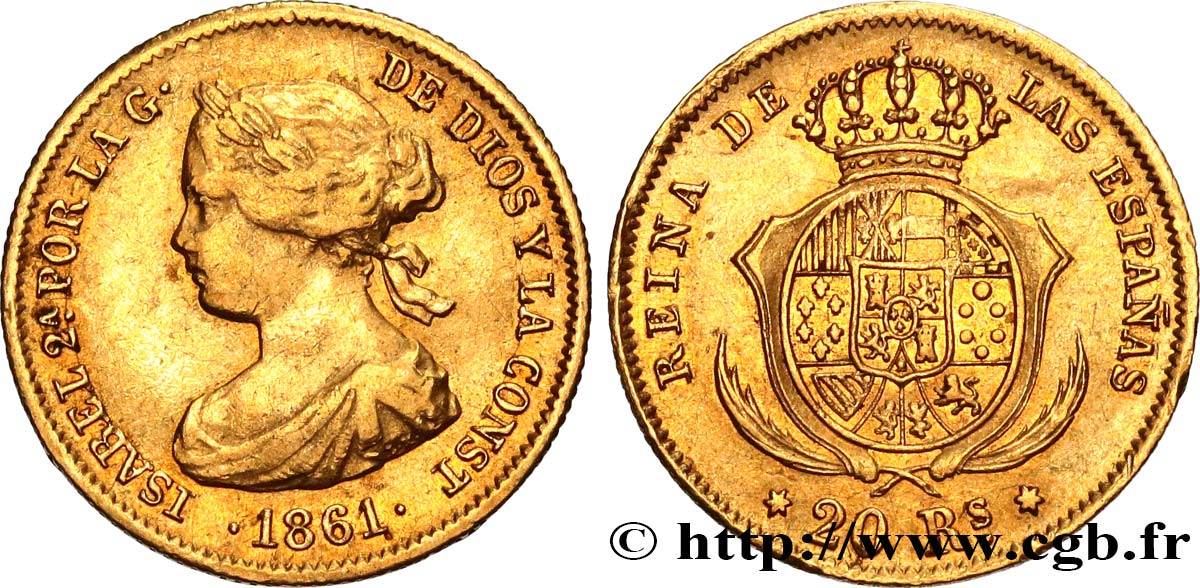 SPAIN - KINGDOM OF SPAIN - ISABELLA II 20 Reales 1861 Madrid XF/AU 