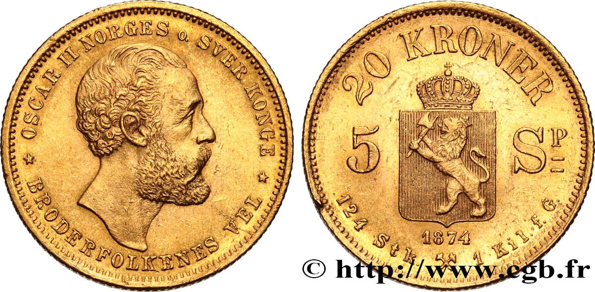 NORWAY 20 Kroner Oscar II 1874 Kongsberg AU 