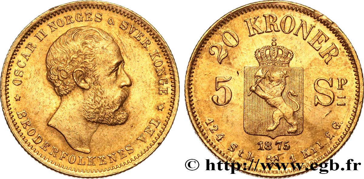 NORWAY 20 Kroner Oscar II 1875 Kongsberg AU 