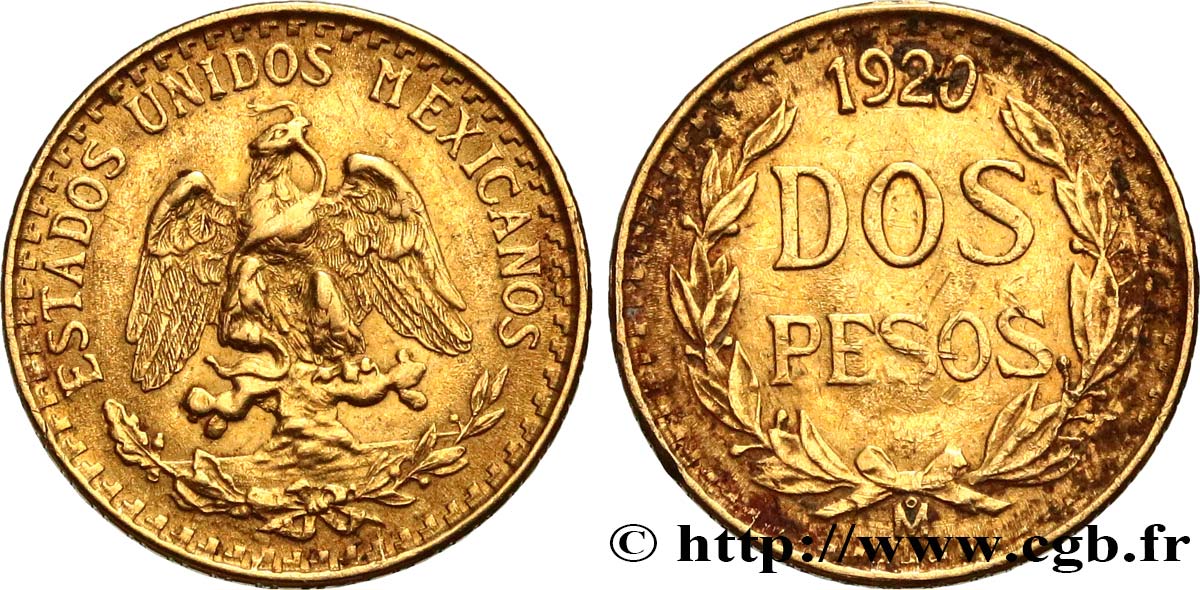 MEXIQUE 2 Pesos or 1920 Mexico TTB+ 