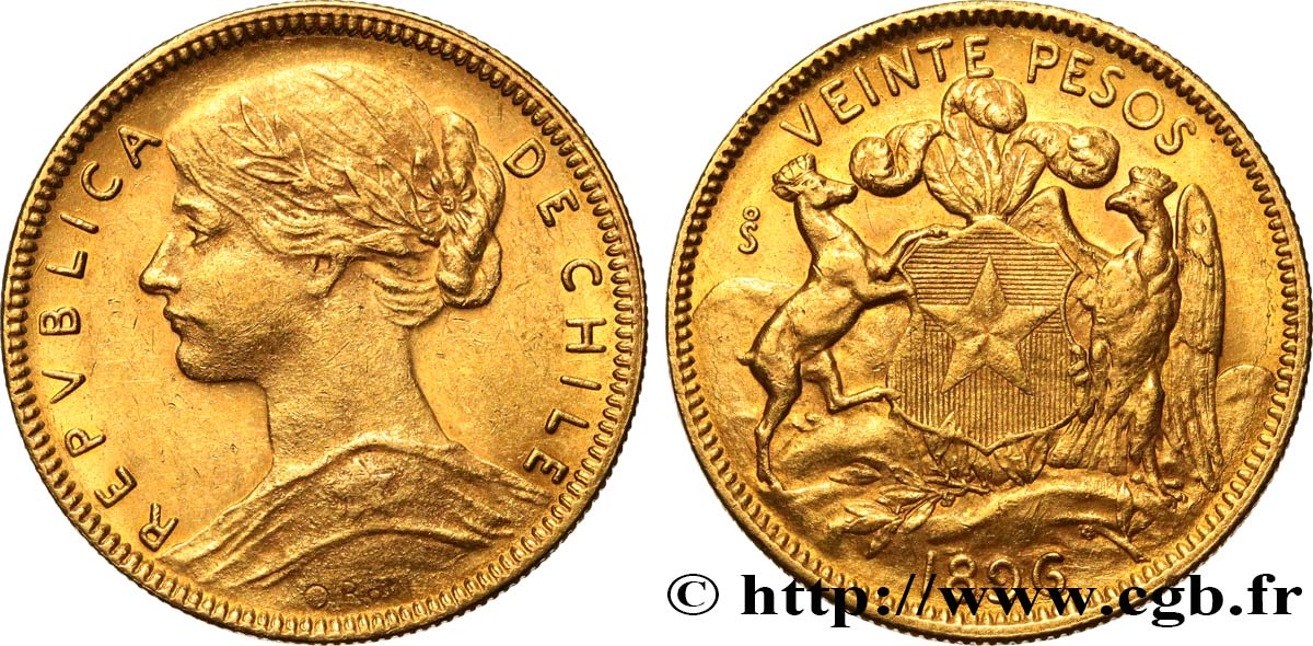 CHILE 20 Pesos or 1896 Santiago du Chili AU 