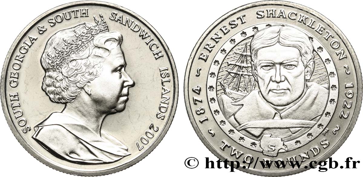 GEORGIA DEL SUD E ISOLE SANDWICH MERIDIONALI 2 Pounds (2 Livres) Proof Ernest Shackleton 2007 Pobjoy Mint MS 