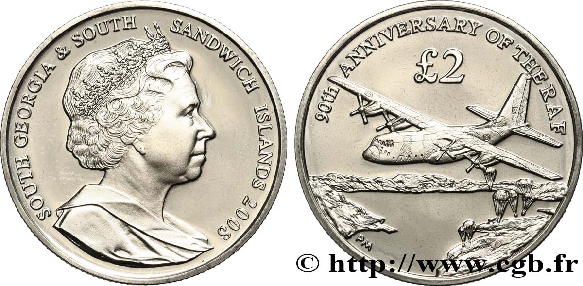 SOUTH GEORGIA AND SOUTH SANDWICH ISLANDS 2 Pounds (2 Livres) Proof 90e anniversaire de la RAF 2008 Pobjoy Mint MS 
