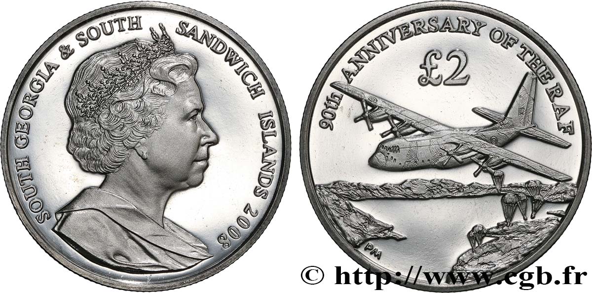 SOUTH GEORGIA AND SOUTH SANDWICH ISLANDS 2 Pounds (2 Livres) Proof 90e anniversaire de la RAF 2008 Pobjoy Mint MS 