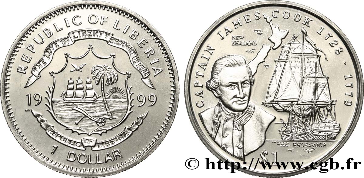 LIBERIA 1 Dollar Proof Capitaine James Cook 1999 Pobjoy Mint fST 
