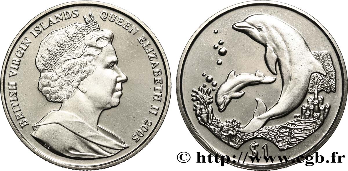 ÎLES VIERGES BRITANNIQUES 1 Dollar Proof’ Elisabeth II / dauphins 2005  SPL 