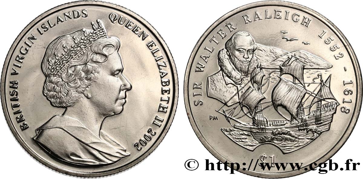 ISOLE VERGINI BRITANNICHE 1 Dollar Proof Sir Walter Raleigh 2002 Pobjoy Mint MS 
