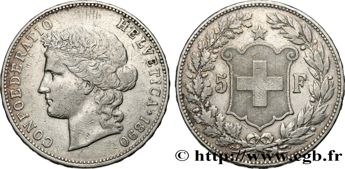 SUISSE 5 Francs Helvetia 1890 Berne TTB 