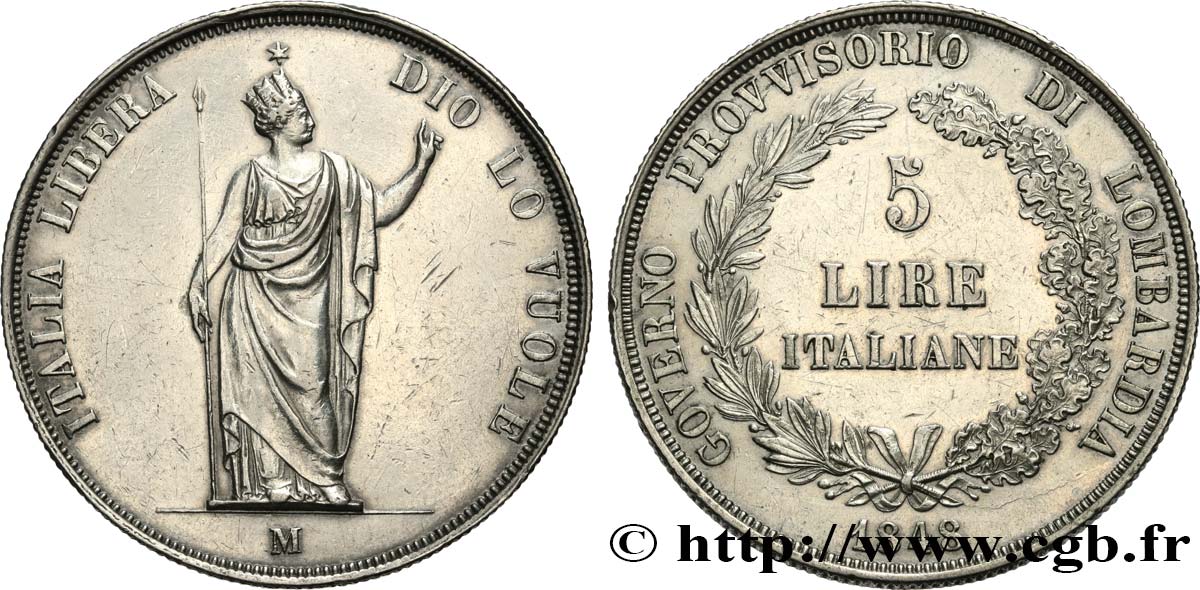 ITALY - LOMBARDY 5 Lire Gouvernement provisoire de Lombardie 1848 Milan XF/AU 