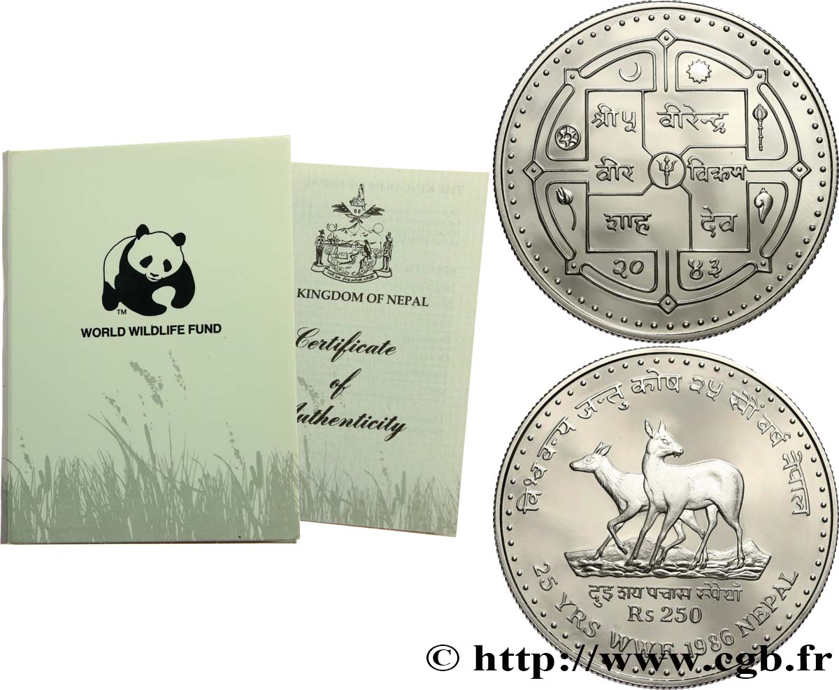 NEPAL 250 Rupees (Roupies) Proof VS2043 25 ans du WWF 1986  FDC 