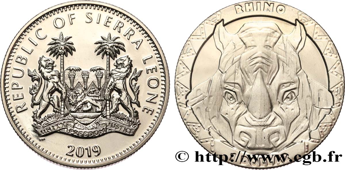 SIERRA LEONA 1 Dollar Proof Rhinocéros 2019 Pobjoy Mint FDC 