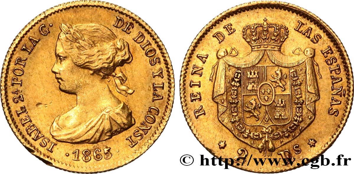 SPAIN 2 Escudos Isabelle II 1865 Madrid AU 