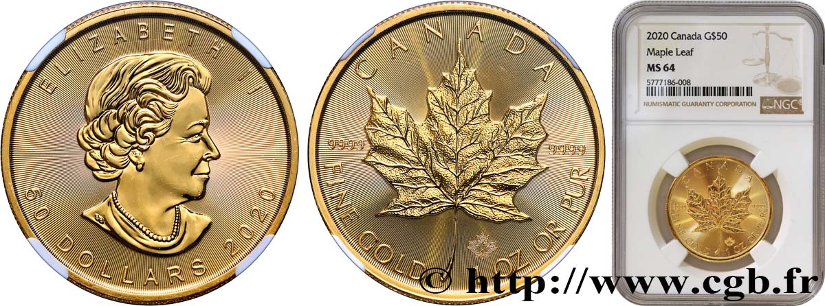 OR D INVESTISSEMENT 50 Dollars  Maple Leaf  Elisabeth II 2020  SPL64 NGC
