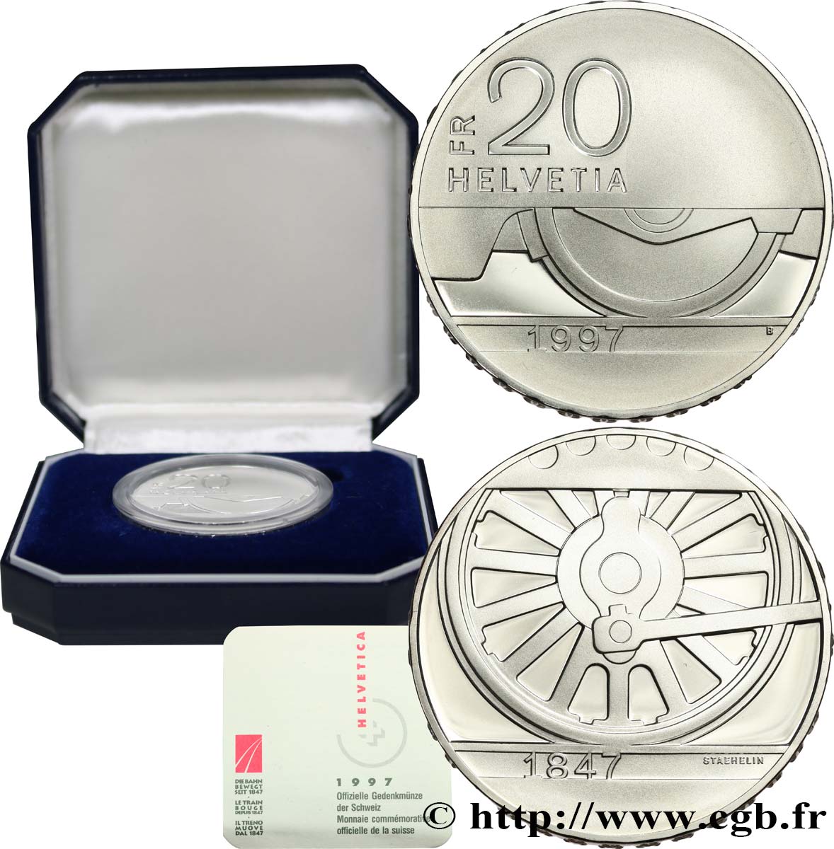 SWITZERLAND 20 Francs Proof 150e anniversaire des Chemins de Fer Suisses 1997 Berne MS 
